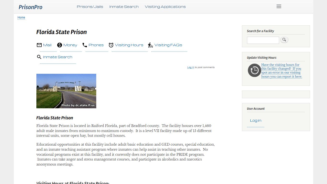 Florida State Prison Visiting hours, inmate phones, mail